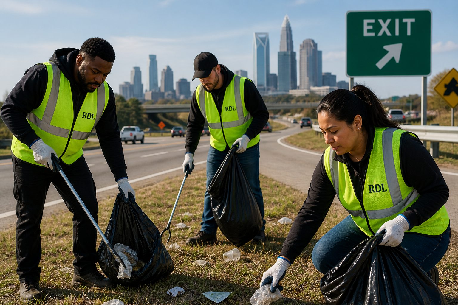RDL crew picking up roadside litter with the Charlotte skyline in the background